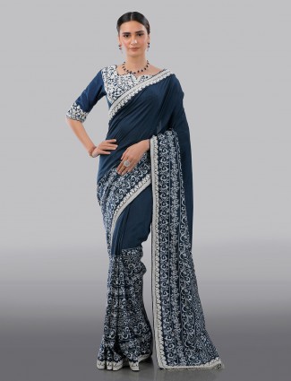 Party function blue cotton silk designer saree