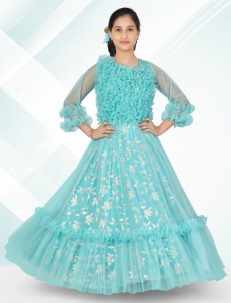 Party wear aqua shade net gown for girls