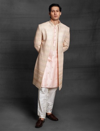 Party wear pink color silk indo western for men