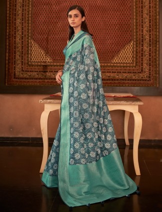 Pashmina silk wedding functions saree in spruce blue