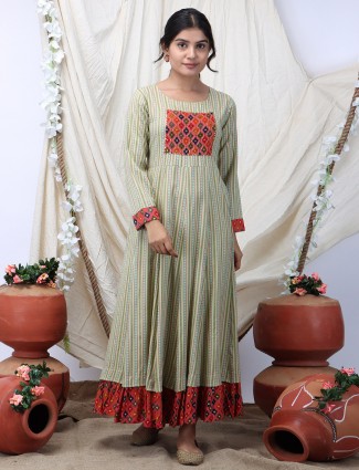 Pastel green printed and stripe casual wear kurti in cotton