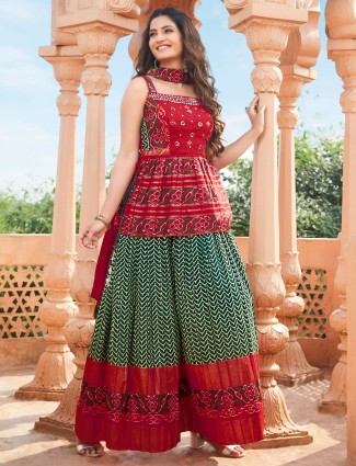 Patola silk forest green half and half style palazzo set