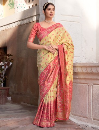 patola silk innovative pink and yellow color wedding functions saree
