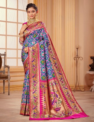 Patola silk saree for wedding functions in charming peacock blue
