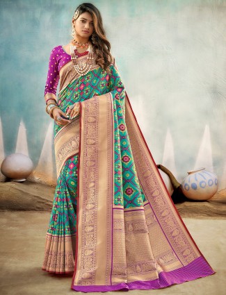 Patola silk saree for wedding occasion in trendy aqua
