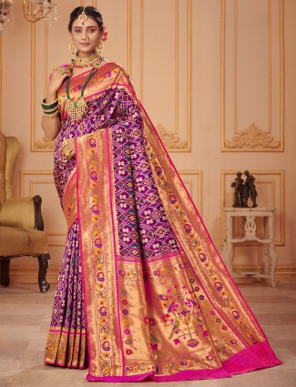 Patola silk wedding ceremonies elegant sari in eggplant purple