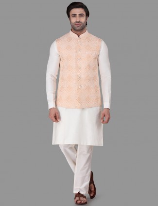 Peach and white chikan cotton silk waistcoat set