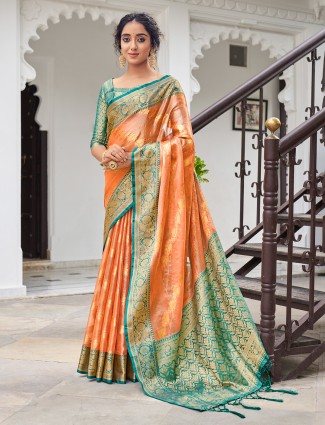 Peach beautiful wedding and party ceremonies tissue silk saree