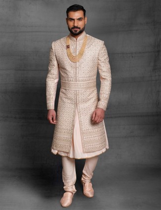 Peach color silk fabric wedding wear dual layer sherwani