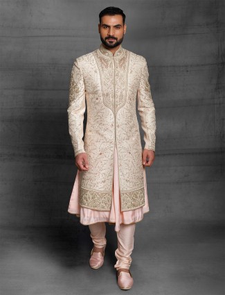 Peach color silk sherwani set for wedding
