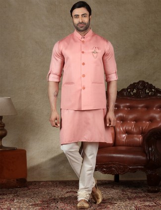 Peach cotton silk waistcoat set for men
