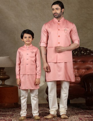 Peach cotton silk waistcoat set special for father and son