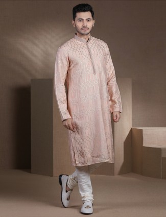 Peach festive zari worked cotton silk kurta suit