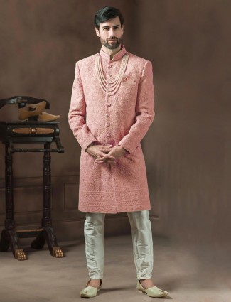 Peach georgette fabric designer groom sherwani