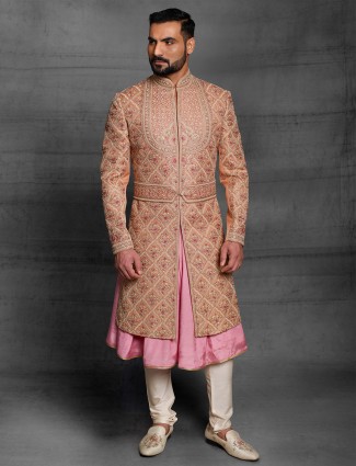 Peach hue silk wedding wear sherwani for mens