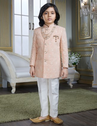 Peach hued cotton silk indo-western for boys