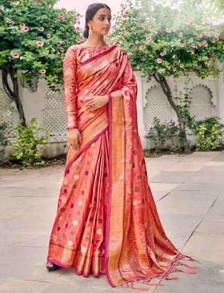 Peach linen zari weaving saree for wedding ceremonies