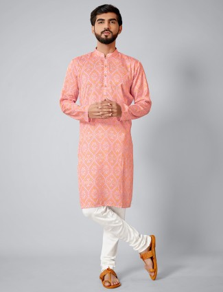Peach printed festive wear cotton silk kurta suit for men