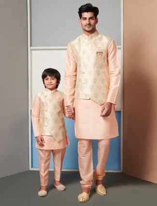 Peach printed raw silk waistcoat set for father and son
