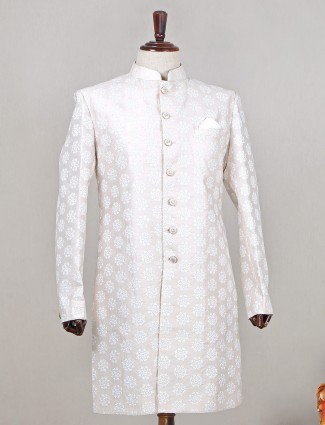 Peach raw silk designer wedding wear indowestern sherwani