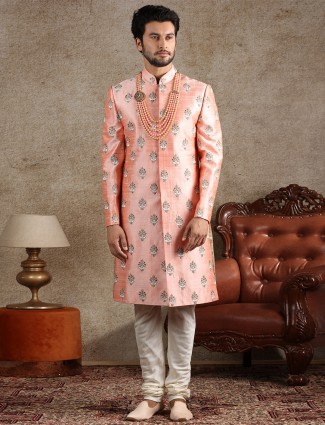 Peach raw silk fabric sherwani for wedding