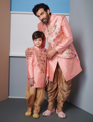Peach raw silk father and son wedding wear indo western