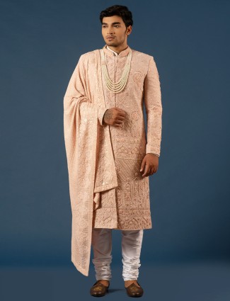 Peach sherwani suit with zardosi Work