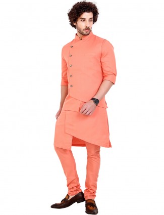 Peach solid cotton waistcoat set for mens