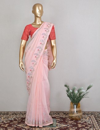 Peach trendy wedding wear silk saree for women