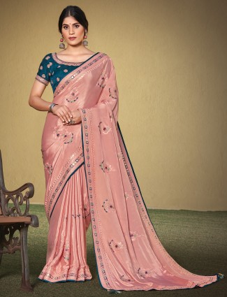 Peach wedding look silk elegant saree for women