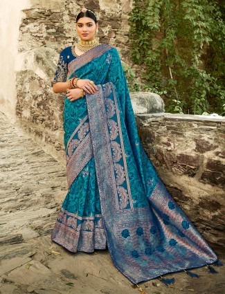 Peacock blue fabulous banarasi silk saree for wedding look