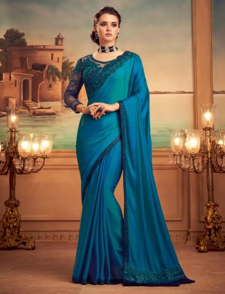 Peacock blue party events satin saree for women