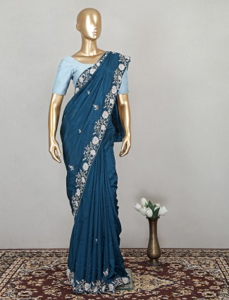 Peacock blue special silk saree for wedding functions