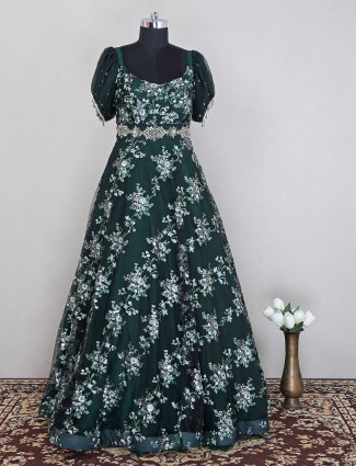 Peacock green designer gown for party look in net