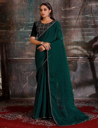 Peacock green party and reception events satin silk saree