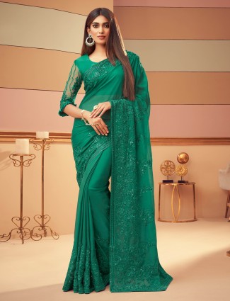 Peacock green satin saree for party and festive