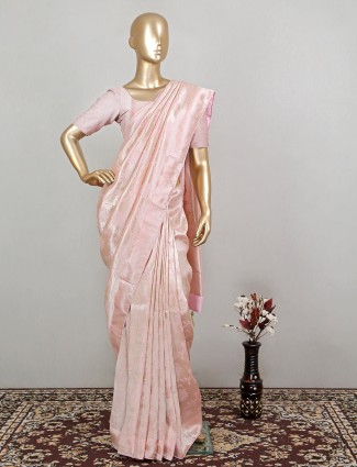 Pearl pink designer wedding wear raw silk saree