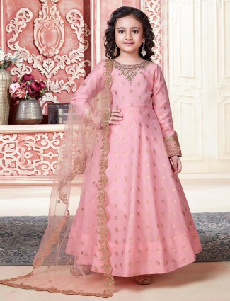 Pink anarkali suit for girls in cotton silk