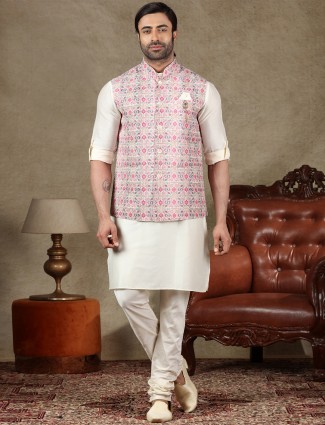 pink and cream cotton waistcoat set for men