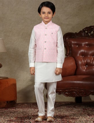 Pink and off white cotton with boys waistcoat set