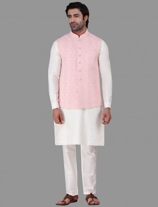 Pink and white cotton party function waistcoat set