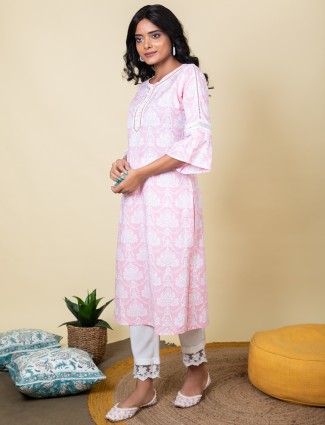 Pink color cotton punjabi style printed pant suit