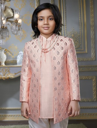 Pink color festive wear indowestern in cotton silk
