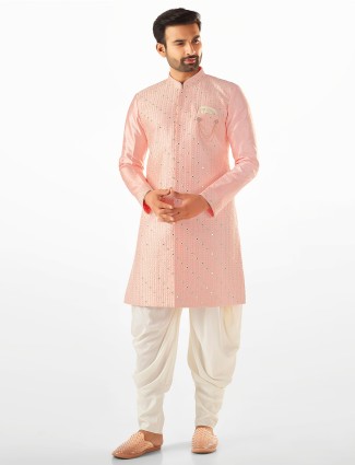 Pink color men wear semi indo-western set in raw silk