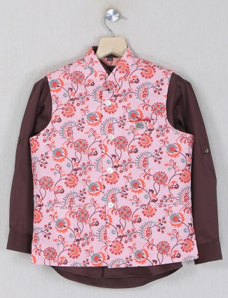 Pink color printed silk waistcoat with kurta