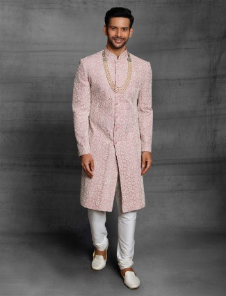 Pink color wedding wear sherwani in silk fabric