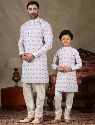 Pink cotton festive wear kurta suit for father and son