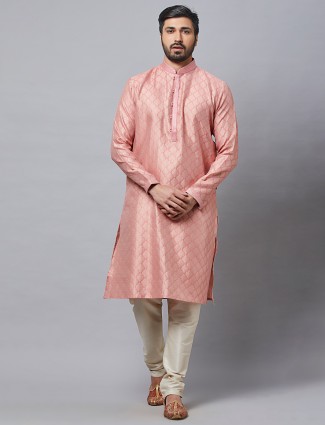 Pink cotton silk printed kurta for mens