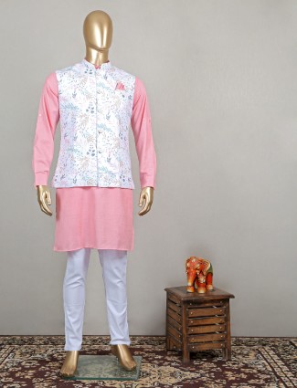 Pink cotton wedding wear waistcoat set for mens