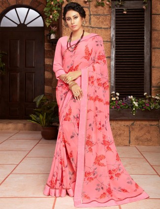 Pink floral print georgette saree for festive look